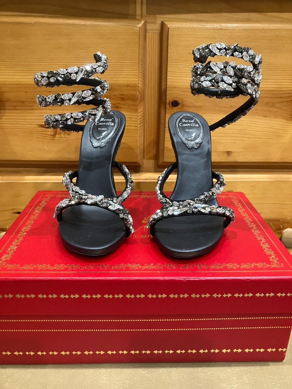 Rene Caovilla Black Jeweled Spiral Ankle-Strap Sandals